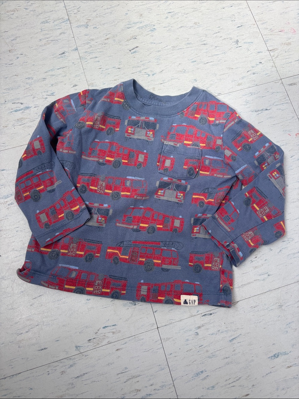 GAP Blue Long-Sleeve Tee with Red Fire Truck Print